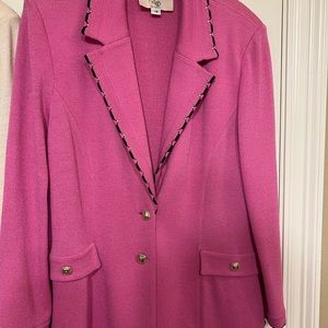 St John Knit Jacket. Hot Pink with black trim. Size 14 Gold Button with emblem
